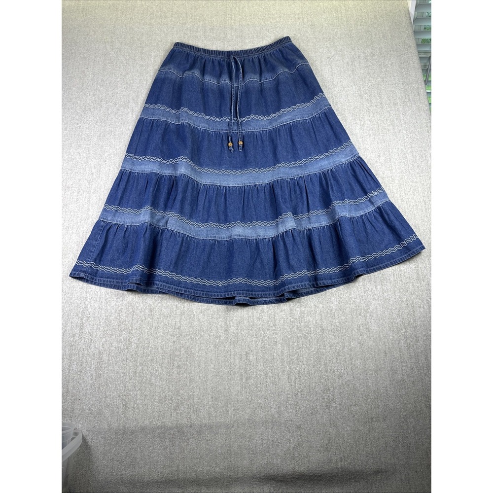 Blair Womens Petite L Tiered Denim Midi Skirt Boho Prairie Embroidered Cotton